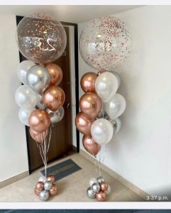 Bouquet de globos oro rosa con burbuja