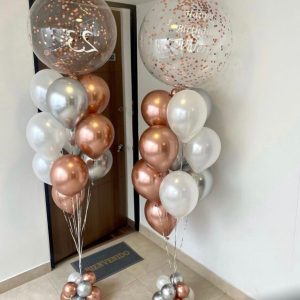 Bouquet de globos oro rosa con burbuja